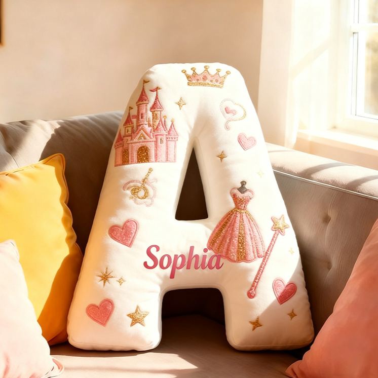 Personalized Princess Letter Name Custom Kids Gift Pink Castle Crown Dress Magic Fairytale Soft Decorative Graphic 3D Print Pillow