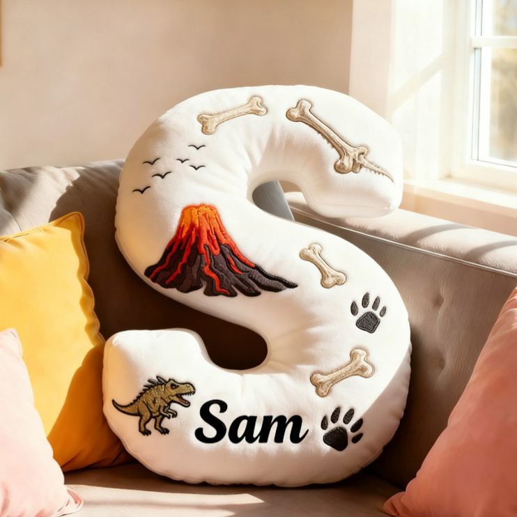 Personalized Volcano Letter Name Custom Kids Gift Dinosaur Bones Lava Adventure Fun Soft Decorative Graphic 3D Print Pillow