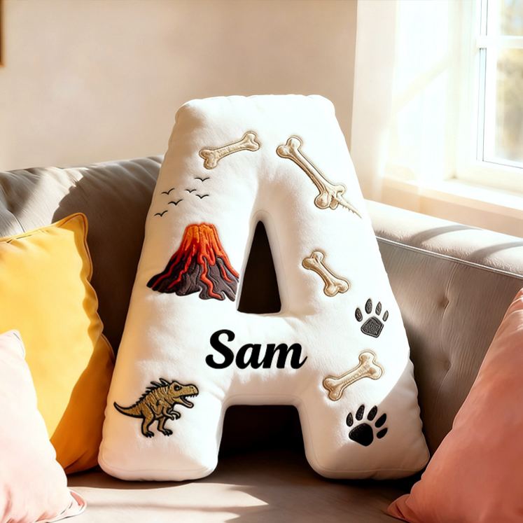 Personalized Volcano Letter Name Custom Kids Gift Dinosaur Bones Lava Adventure Fun Soft Decorative Graphic 3D Print Pillow