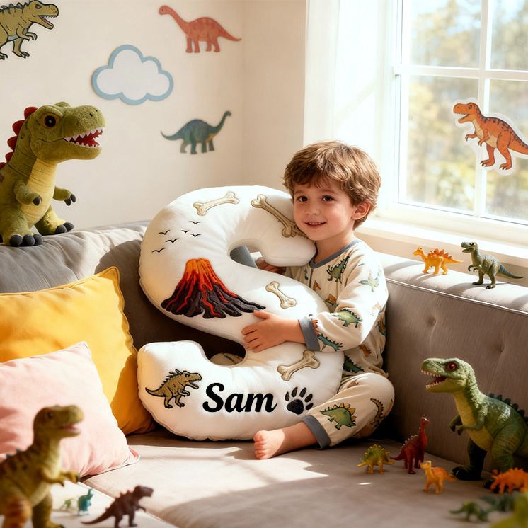 Personalized Volcano Letter Name Custom Kids Gift Dinosaur Bones Lava Adventure Fun Soft Decorative Graphic 3D Print Pillow