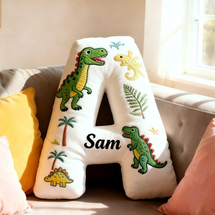 Personalized Dinosaur Letter Name Custom Kids Gift Fun Green T Rex Cute Prehistoric Soft Decorative Graphic 3D Print Pillow
