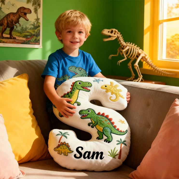 Personalized Dinosaur Letter Name Custom Kids Gift Fun Green T Rex Cute Prehistoric Soft Decorative Graphic 3D Print Pillow