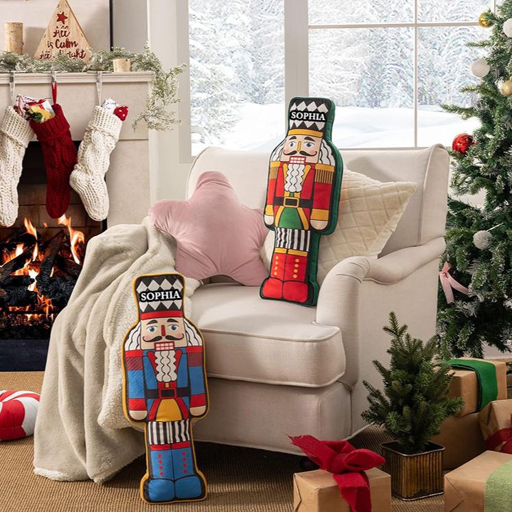 Personalized Nutcracker Name Custom Kids Gift Christmas Classic Soldier Red Green Festive Soft Decorative Pillow