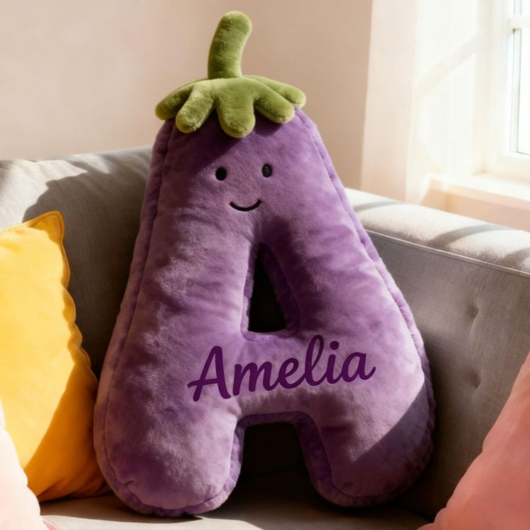 Personalized Eggplant Letter Name Custom Kids Gift Funny Purple Vegetable Soft Cute Decorative Graphic 3D Print Pillow Funny Gift for Kids Family