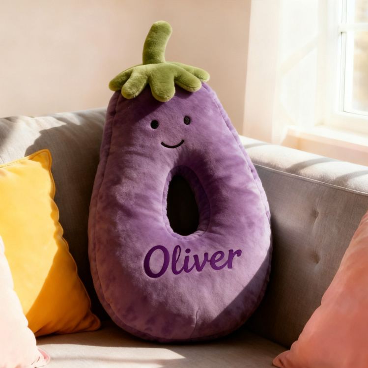 Personalized Eggplant Letter Name Custom Kids Gift Funny Purple Vegetable Soft Cute Decorative Graphic 3D Print Pillow Funny Gift for Kids Family