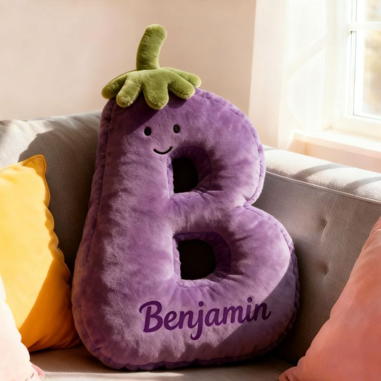 Personalized Eggplant Letter Name Custom Kids Gift Funny Purple Vegetable Soft Cute Decorative Graphic 3D Print Pillow Funny Gift for Kids Family