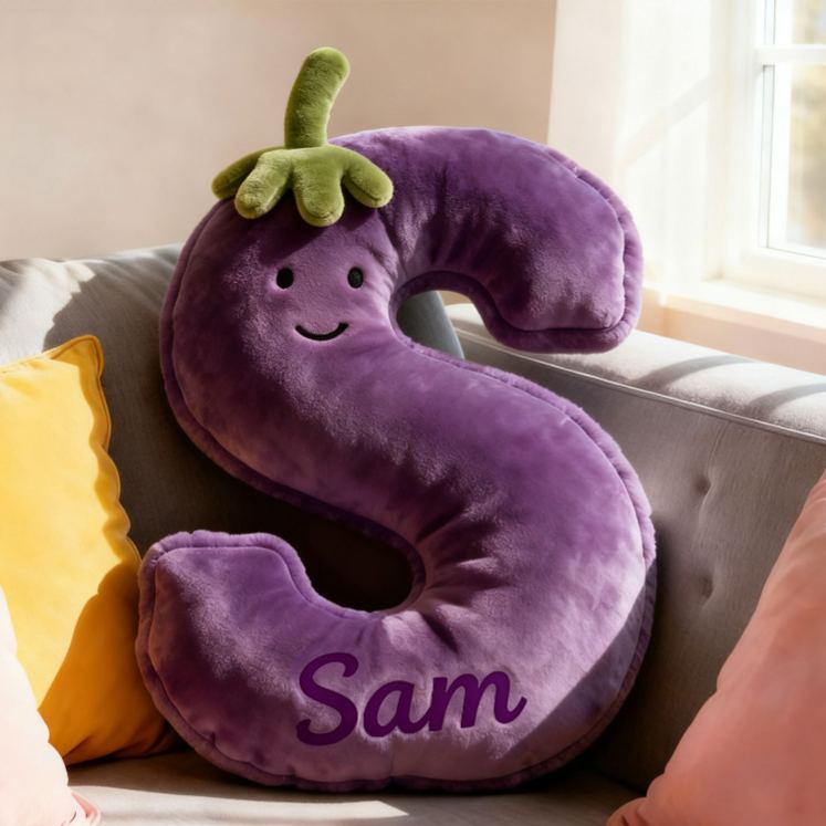Personalized Eggplant Letter Name Custom Kids Gift Funny Purple Vegetable Soft Cute Decorative Graphic 3D Print Pillow Funny Gift for Kids Family