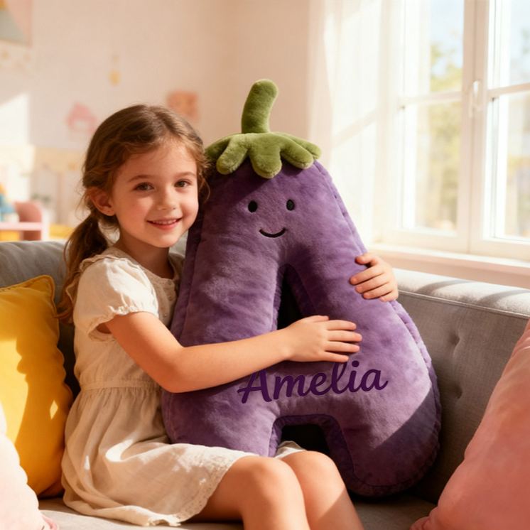 Personalized Eggplant Letter Name Custom Kids Gift Funny Purple Vegetable Soft Cute Decorative Graphic 3D Print Pillow Funny Gift for Kids Family