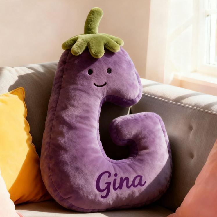 Personalized Eggplant Letter Name Custom Kids Gift Funny Purple Vegetable Soft Cute Decorative Graphic 3D Print Pillow Funny Gift for Kids Family