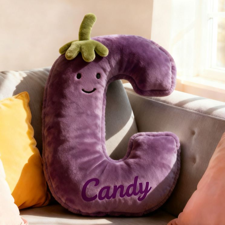 Personalized Eggplant Letter Name Custom Kids Gift Funny Purple Vegetable Soft Cute Decorative Graphic 3D Print Pillow Funny Gift for Kids Family