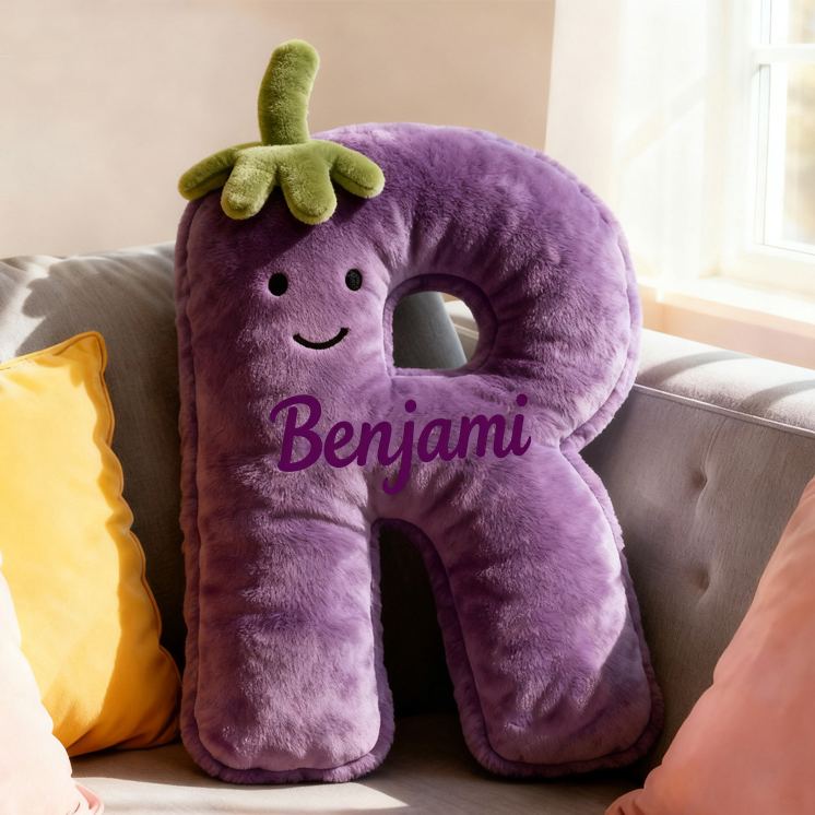 Personalized Eggplant Letter Name Custom Kids Gift Funny Purple Vegetable Soft Cute Decorative Graphic 3D Print Pillow Funny Gift for Kids Family