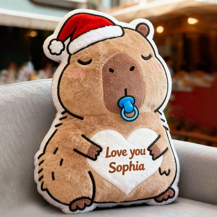Personalized Christmas Kapibala Name Custom Kids Gift Cute Santa Hat Soft Cozy Holiday Love Decorative Graphic 3D Print Pillow