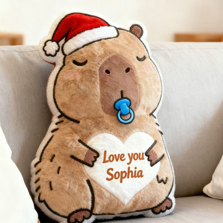 Personalized Christmas Kapibala Name Custom Kids Gift Cute Santa Hat Soft Cozy Holiday Love Decorative Graphic 3D Print Pillow