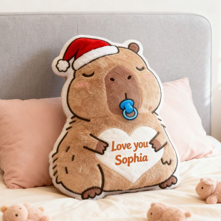 Personalized Christmas Kapibala Name Custom Kids Gift Cute Santa Hat Soft Cozy Holiday Love Decorative Graphic 3D Print Pillow