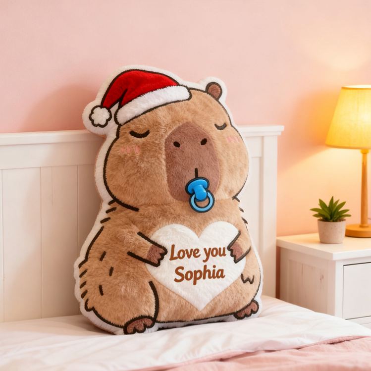 Personalized Christmas Kapibala Name Custom Kids Gift Cute Santa Hat Soft Cozy Holiday Love Decorative Graphic 3D Print Pillow