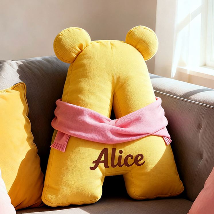 Personalized Bear Letter Name Custom Kids Gift Cute Yellow Soft Cozy Decorative Graphic 3D Print Pillow Gift for Kids Family