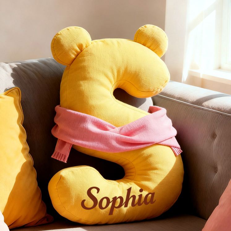 Personalized Bear Letter Name Custom Kids Gift Cute Yellow Soft Cozy Decorative Graphic 3D Print Pillow Gift for Kids Family