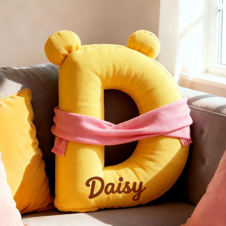 Personalized Bear Letter Name Custom Kids Gift Cute Yellow Soft Cozy Decorative Graphic 3D Print Pillow Gift for Kids Family