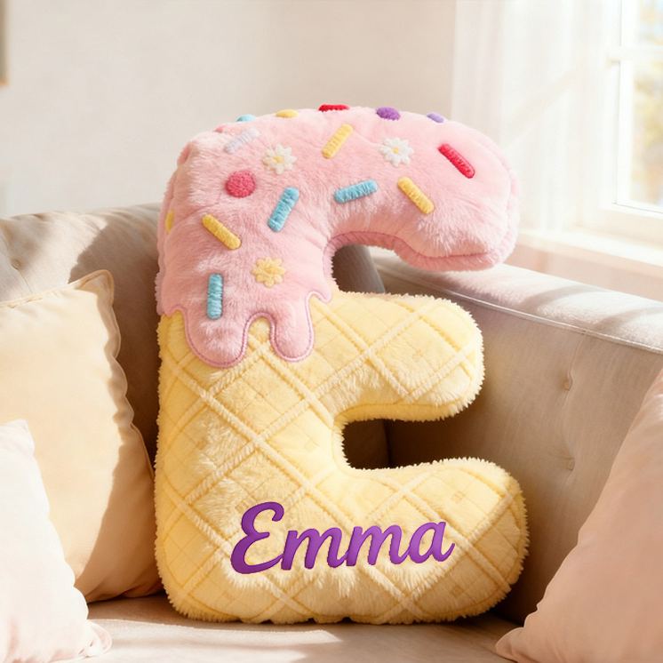Personalized Ice Cream Letter Name Custom Kids Gift Sweet Dessert Colorful Fun Soft Decorative Graphic 3D Print Pillow