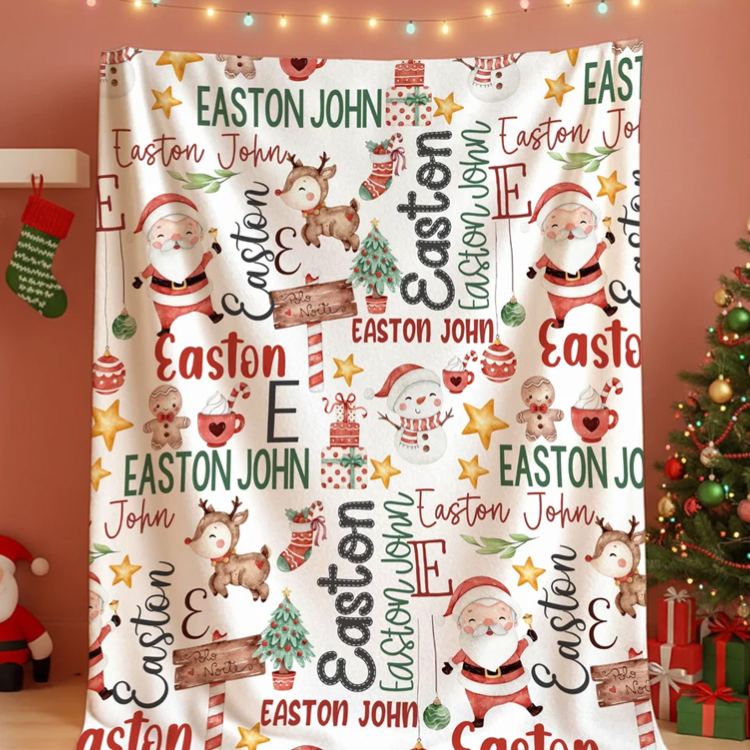 Personalized Cute Snowman Santa Claus Christmas Theme Soft Throw Blanket with Name Home Decor Christmas Gift for Kids Family