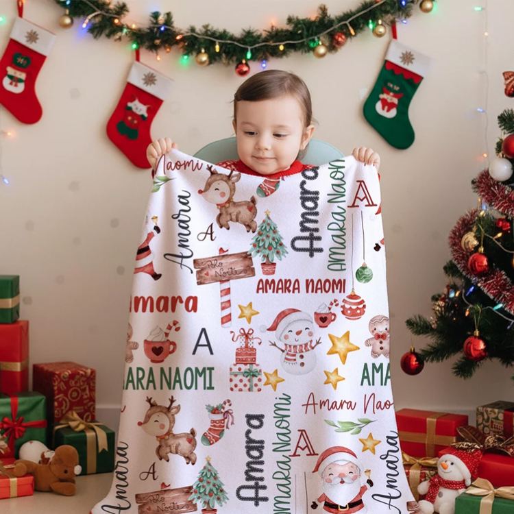 Personalized Cute Snowman Santa Claus Christmas Theme Soft Throw Blanket with Name Home Decor Christmas Gift for Kids Family
