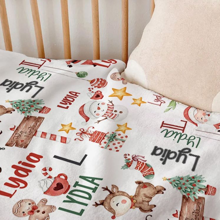 Personalized Cute Snowman Santa Claus Christmas Theme Soft Throw Blanket with Name Home Decor Christmas Gift for Kids Family