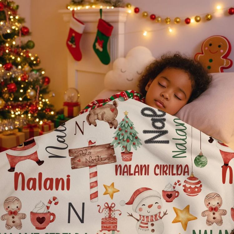 Personalized Cute Snowman Santa Claus Christmas Theme Soft Throw Blanket with Name Home Decor Christmas Gift for Kids Family