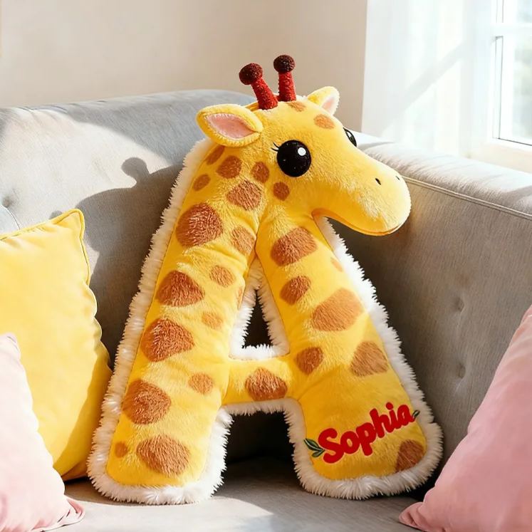 Personalized Giraffe Letter Name Custom Kids Gift Cute Animal Yellow Soft Cozy Decorative Graphic 3D Print Pillows