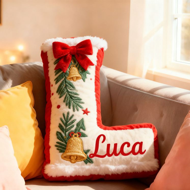 Personalized Christmas Letter Name Custom Kids Gift Festive Red Bow Holiday Cozy Decorative Graphic 3D Print Pillows