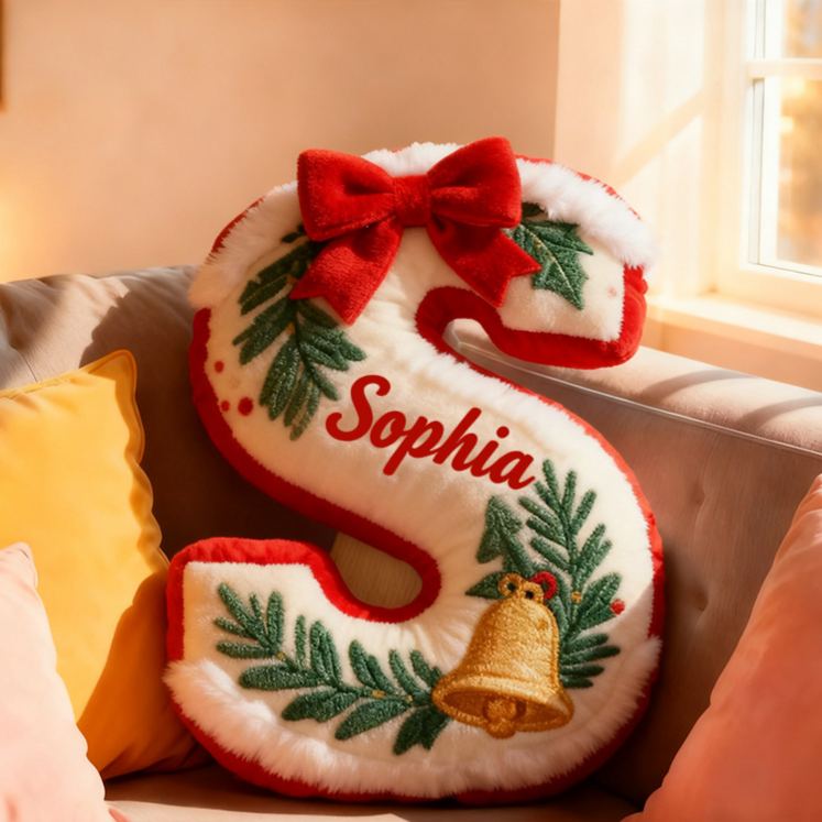 Personalized Christmas Letter Name Custom Kids Gift Festive Red Bow Holiday Cozy Decorative Graphic 3D Print Pillows