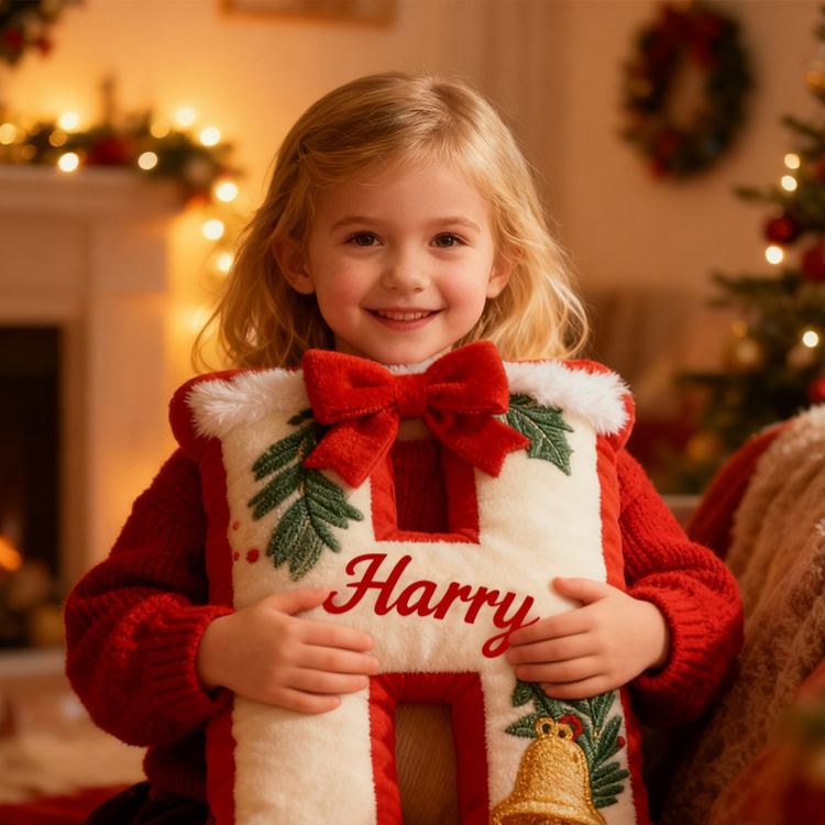 Personalized Christmas Letter Name Custom Kids Gift Festive Red Bow Holiday Cozy Decorative Graphic 3D Print Pillows