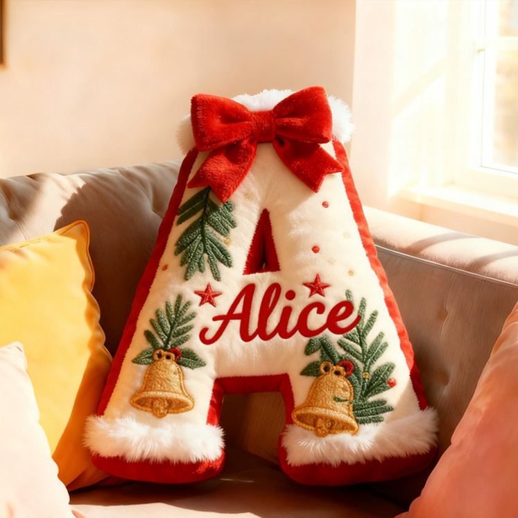 Personalized Christmas Letter Name Custom Kids Gift Festive Red Bow Holiday Cozy Decorative Graphic 3D Print Pillows