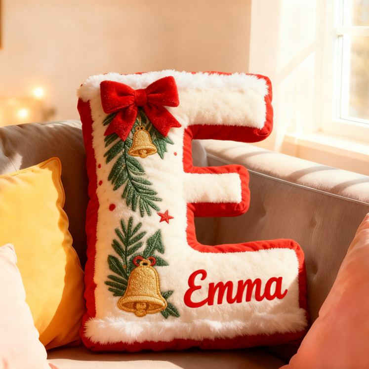 Personalized Christmas Letter Name Custom Kids Gift Festive Red Bow Holiday Cozy Decorative Graphic 3D Print Pillows