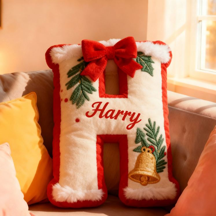 Personalized Christmas Letter Name Custom Kids Gift Festive Red Bow Holiday Cozy Decorative Graphic 3D Print Pillows