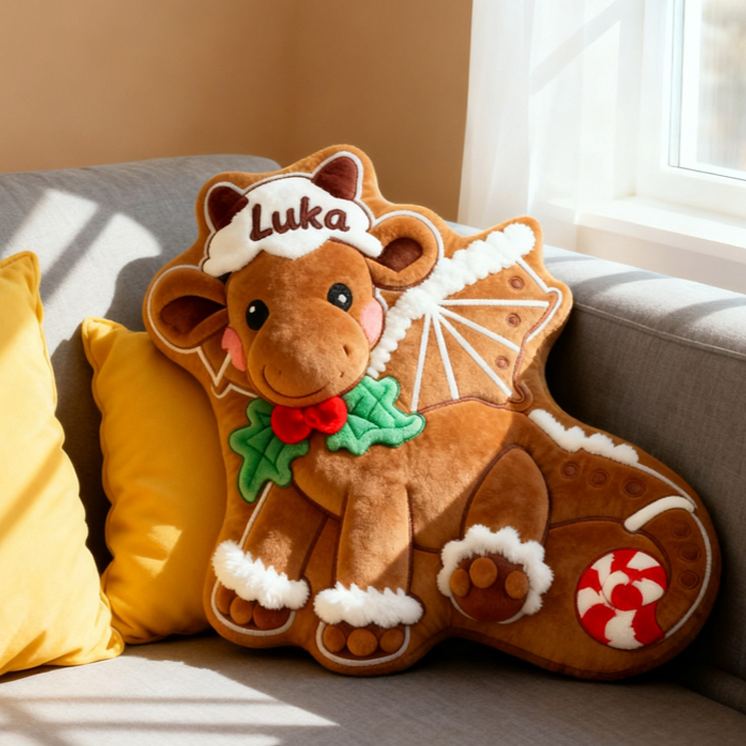 Personalized Gingerbread Reindeer Name Custom Kids Gift Festive Holiday Cute Cozy Decorative Pillows