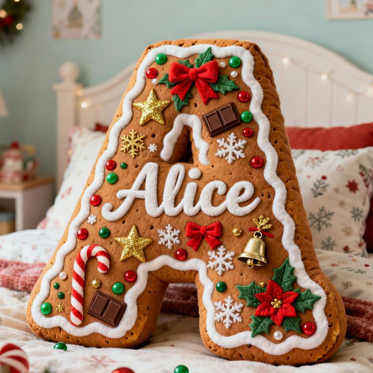 Personalized Gingerbread Letter Christmas Name Custom Kids Gift Festive Cozy Sweet Decorative Pillows