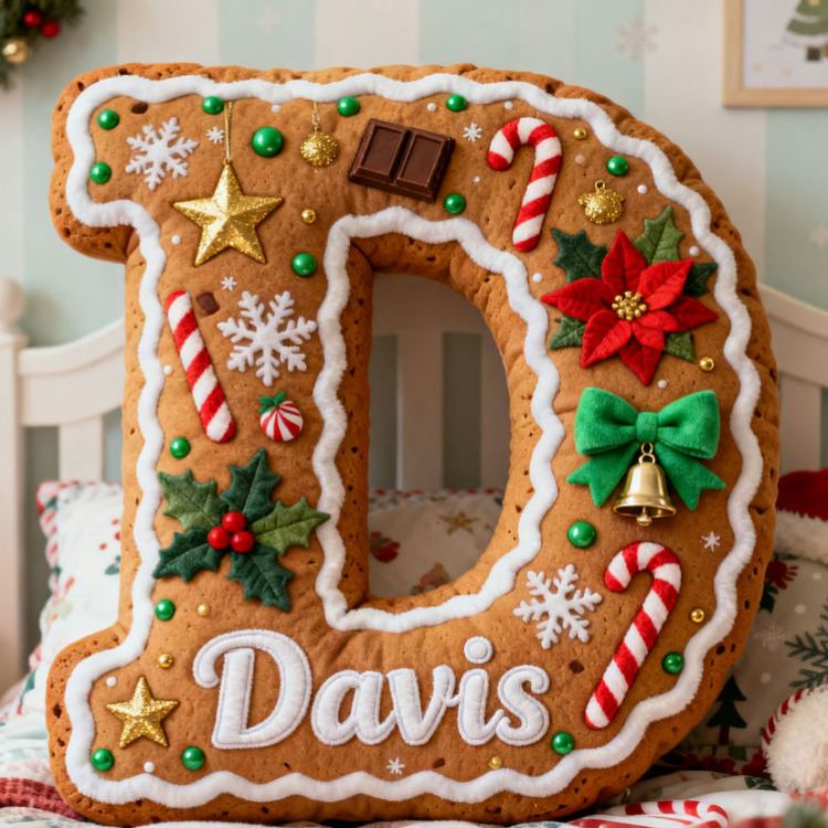 Personalized Gingerbread Letter Christmas Name Custom Kids Gift Festive Cozy Sweet Decorative Pillows