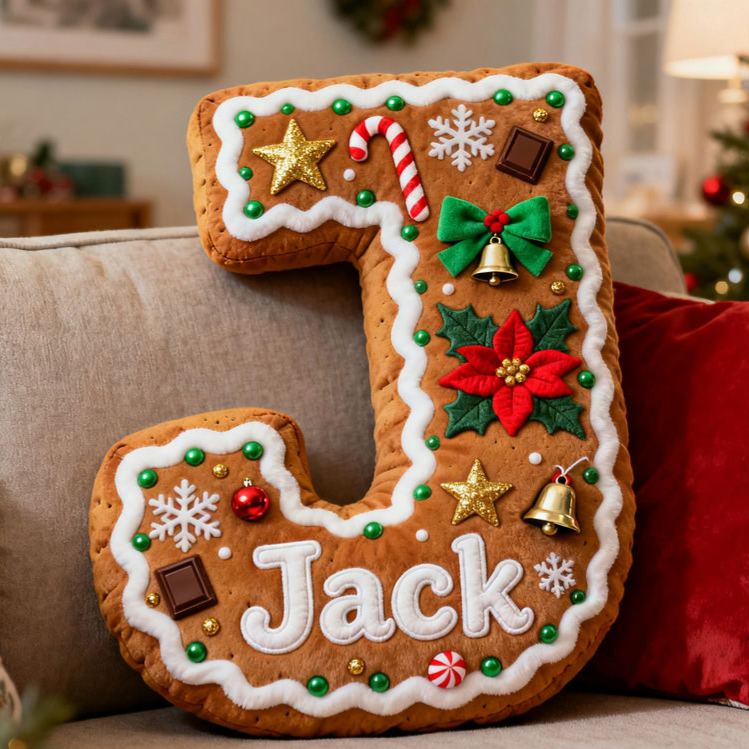 Personalized Gingerbread Letter Christmas Name Custom Kids Gift Festive Cozy Sweet Decorative Pillows