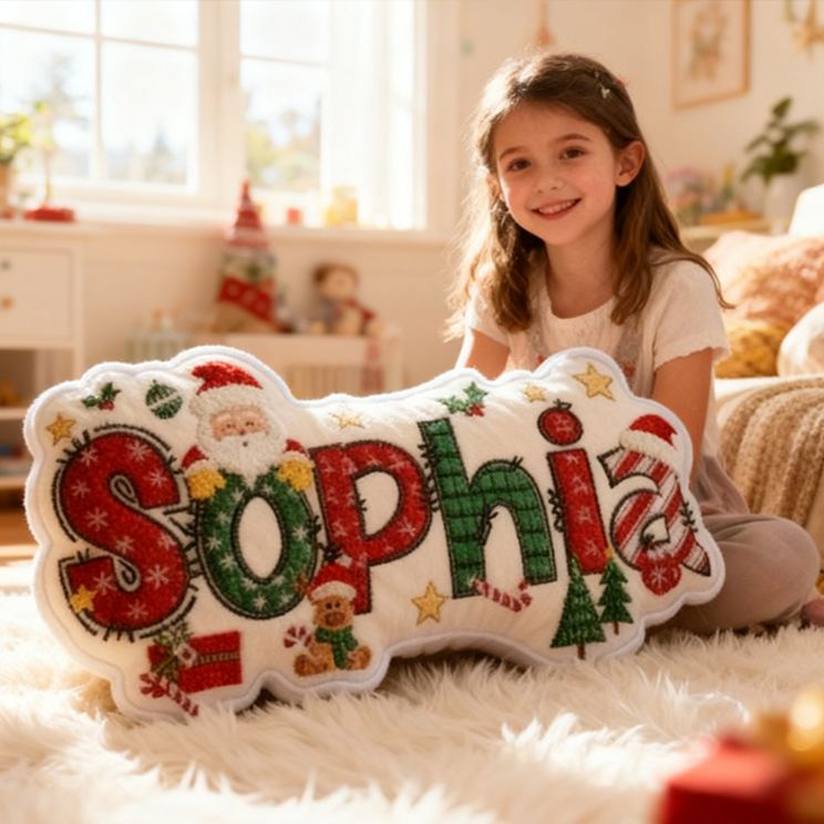 Personalized Christmas Name Santa Claus Style Cute Custom Kids Room Festive Cozy Holiday Pillows