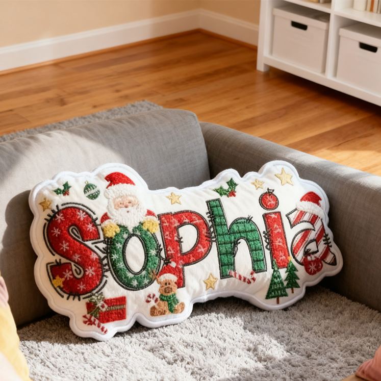 Personalized Christmas Name Santa Claus Style Cute Custom Kids Room Festive Cozy Holiday Pillows