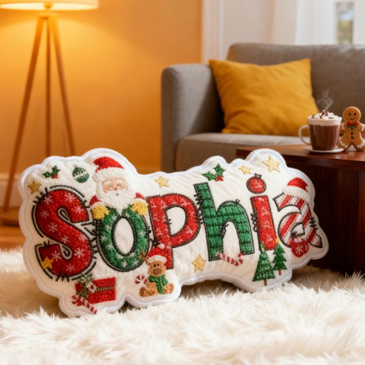 Personalized Christmas Name Santa Claus Style Cute Custom Kids Room Festive Cozy Holiday Pillows