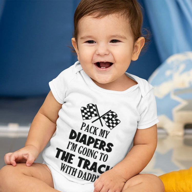 Personalized Racing Baby Bodysuit with Checkered Flags and Fun Quote for Little Speedsters and Track Adventures Baby Bodysuit