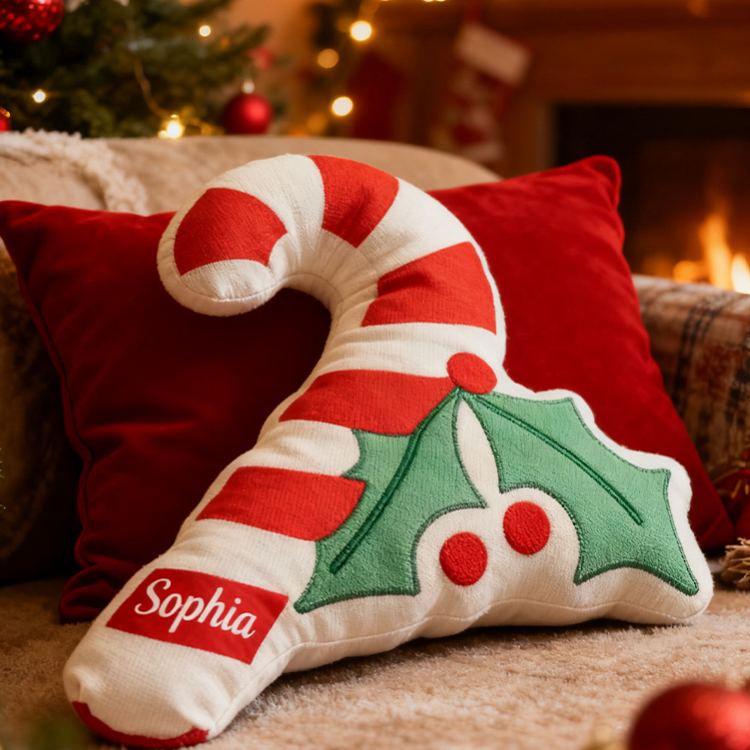 Personalized Candy Cane Pillow with Custom Name and Festive Holly Design for Holiday Decor and Seasonal Cheer Pillow