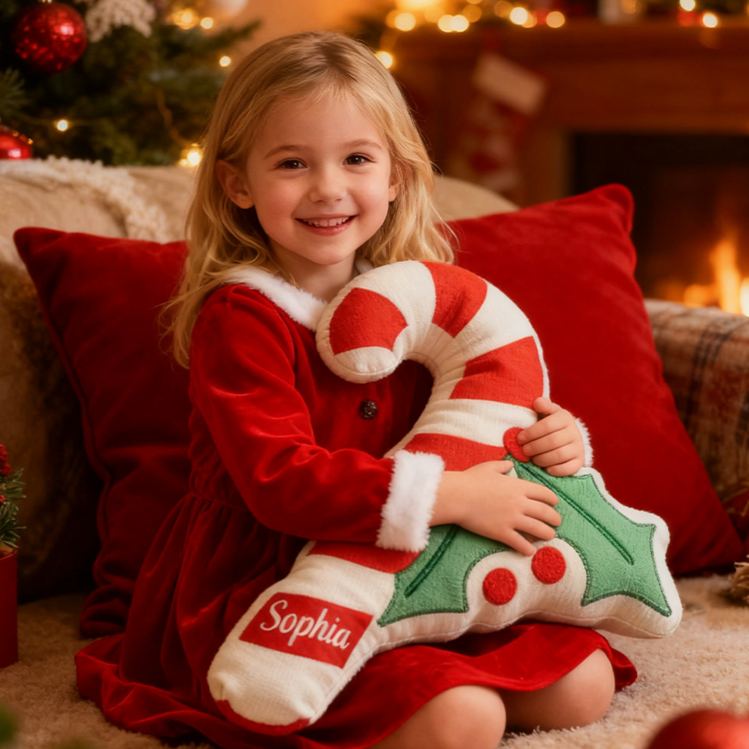 Personalized Candy Cane Pillow with Custom Name and Festive Holly Design for Holiday Decor and Seasonal Cheer Pillow
