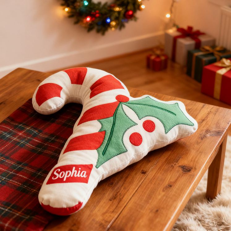 Personalized Candy Cane Pillow with Custom Name and Festive Holly Design for Holiday Decor and Seasonal Cheer Pillow