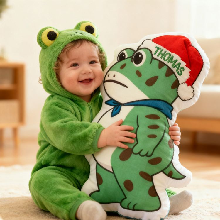 Personalized Frog Pillow with Custom Name and Festive Santa Hat Design for Kids and Playful Holiday Decor Pillow