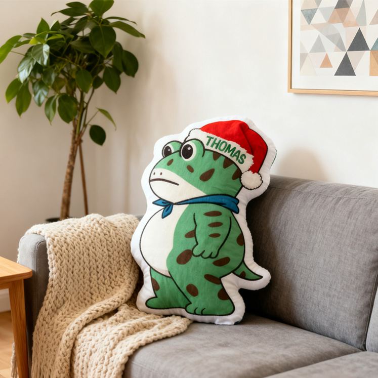 Personalized Frog Pillow with Custom Name and Festive Santa Hat Design for Kids and Playful Holiday Decor Pillow