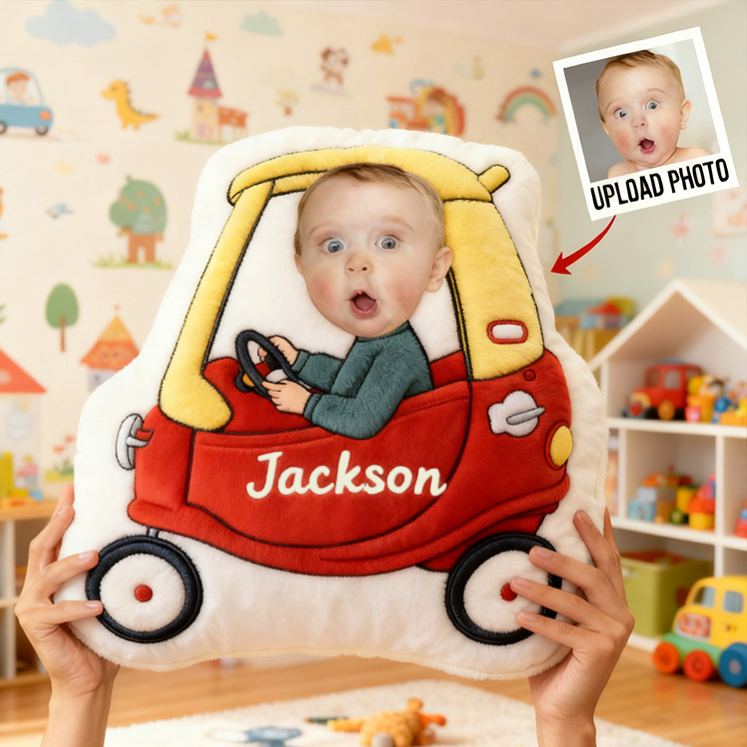 Personalized Car Pillow with Custom Photo and Name Featuring Fun Vehicle Design for Kids and Playful Decor Pillow