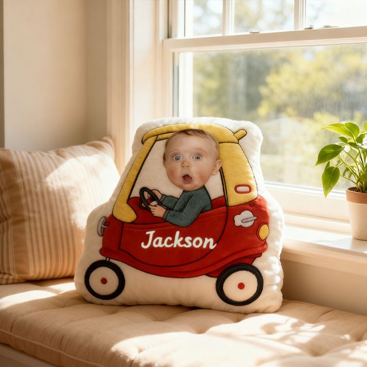 Personalized Car Pillow with Custom Photo and Name Featuring Fun Vehicle Design for Kids and Playful Decor Pillow
