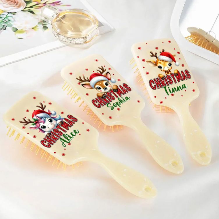 Personalized Reindeer Hair Brush with Custom Name and Festive Christmas Design for Kids and Holiday Cheer Hair Brush